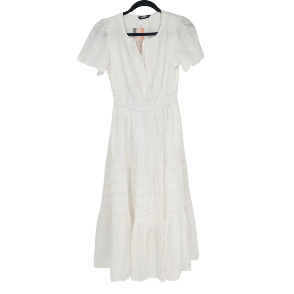 BTFBM White Cotton Midi Dress Puff Sleeve Smocked Waist Cottagecore S - Picture 2 of 5